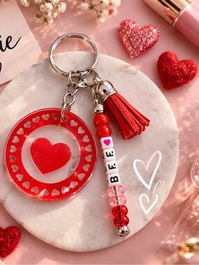 Friendship Red Heart Keychain with BFF Beads Valentines Day Gift